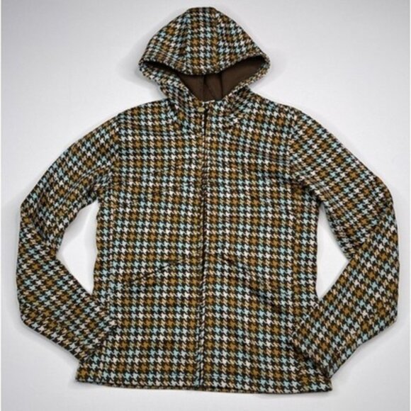 Burton Hoodie, fleece lined Full zip jacket, Brown & blue houndstooth, Size Med - Picture 1 of 11